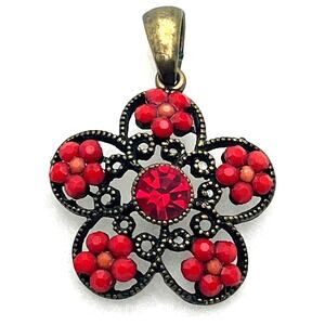 Vintage Pendant Red Coral In Copper Flower Design Hand Crafted
